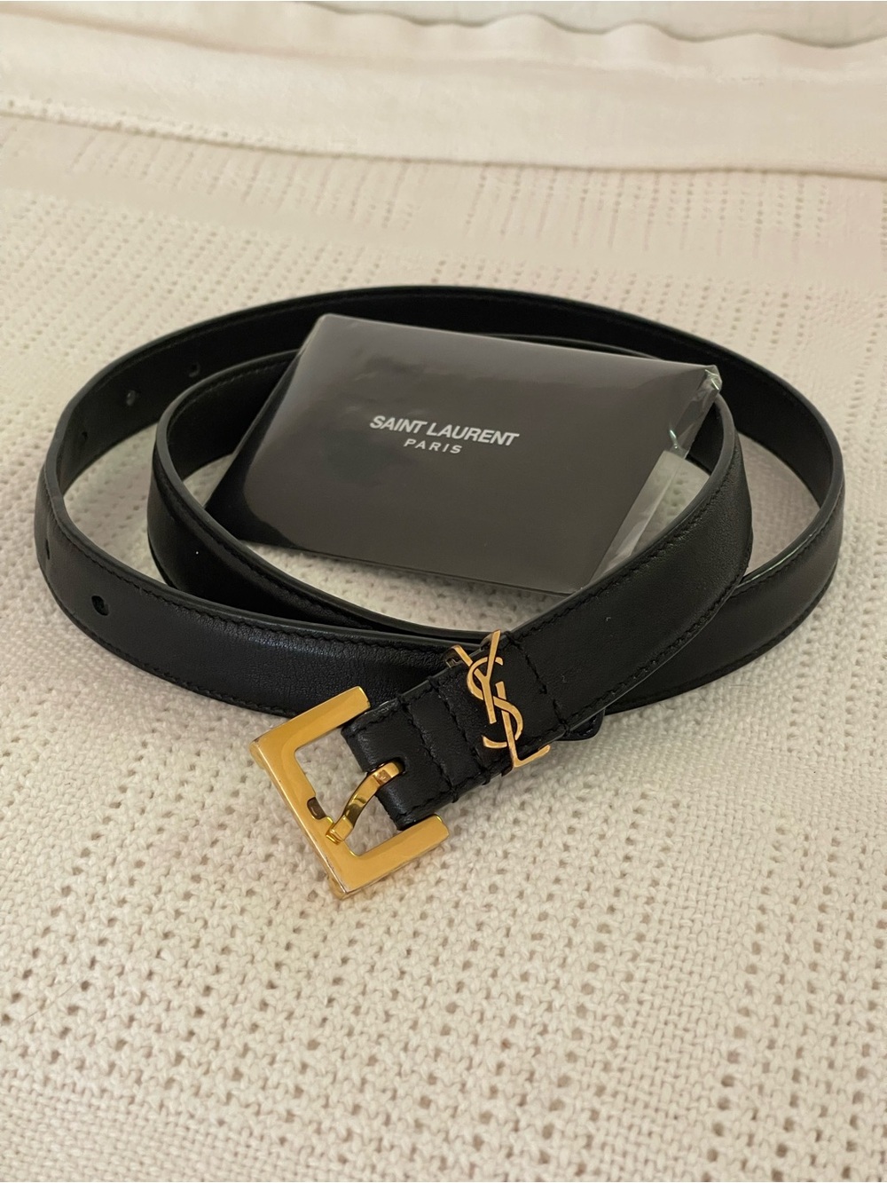 Saint Laurent 2cm Black Leather Belt with bronze-tone YSL Monogram
